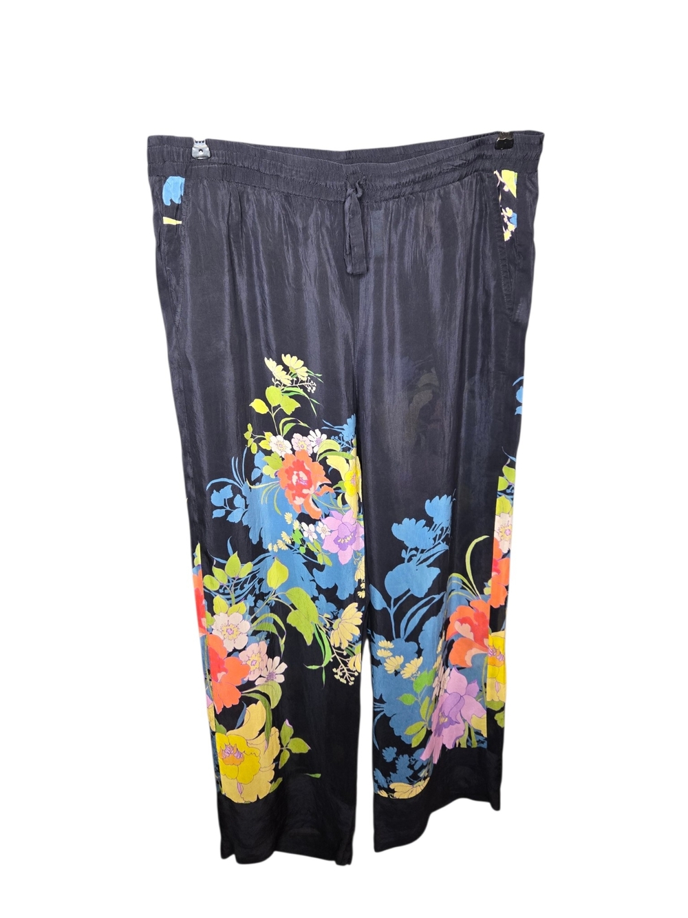 Johnny Was Black Floral 100% Cupro Rayon Wide Leg Pants Boho Sz L - Picture 4 of 7
